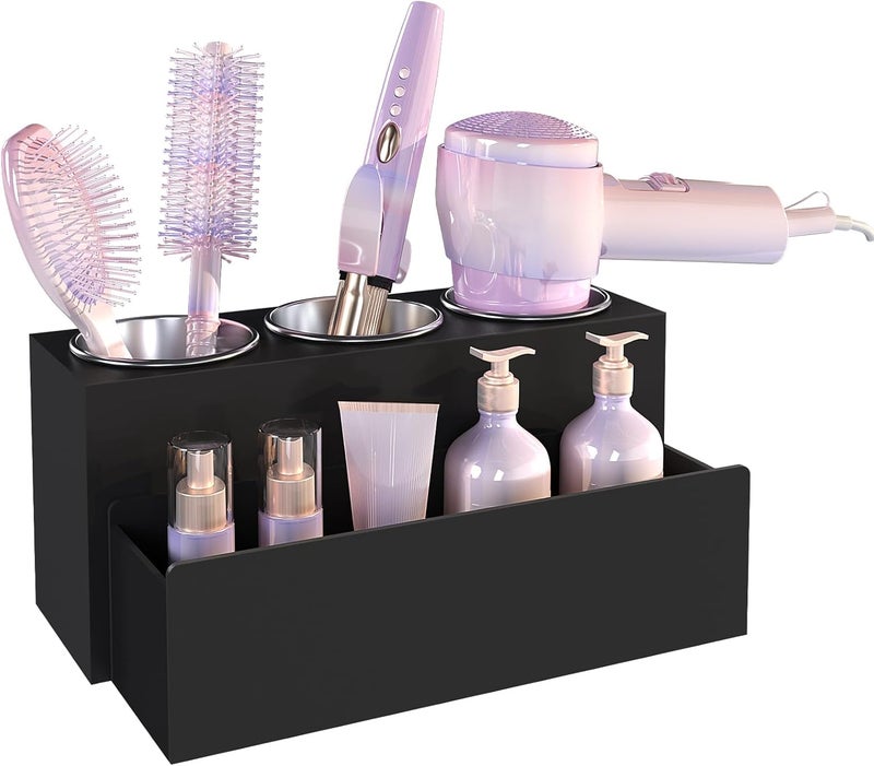 PITBVO Hair Tool Organizer, Detachable Acrylic Hair Dryer Holder for Bathroom, Hair Styling Accessories Curling Iron Hot Tools Organizer with 3 Cups, Countertop Vanity Storage (Matte Black) - Image 1